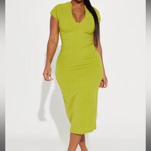 RUCHED LIME GREEN MIDI DRESS